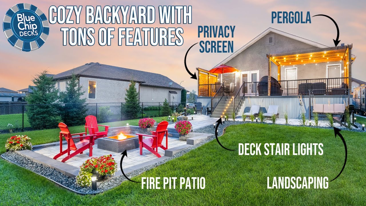 Large Trex Enhance Deck With Wood Pergola, Amazing Landscaping With Large Sunken Fire Pit Area