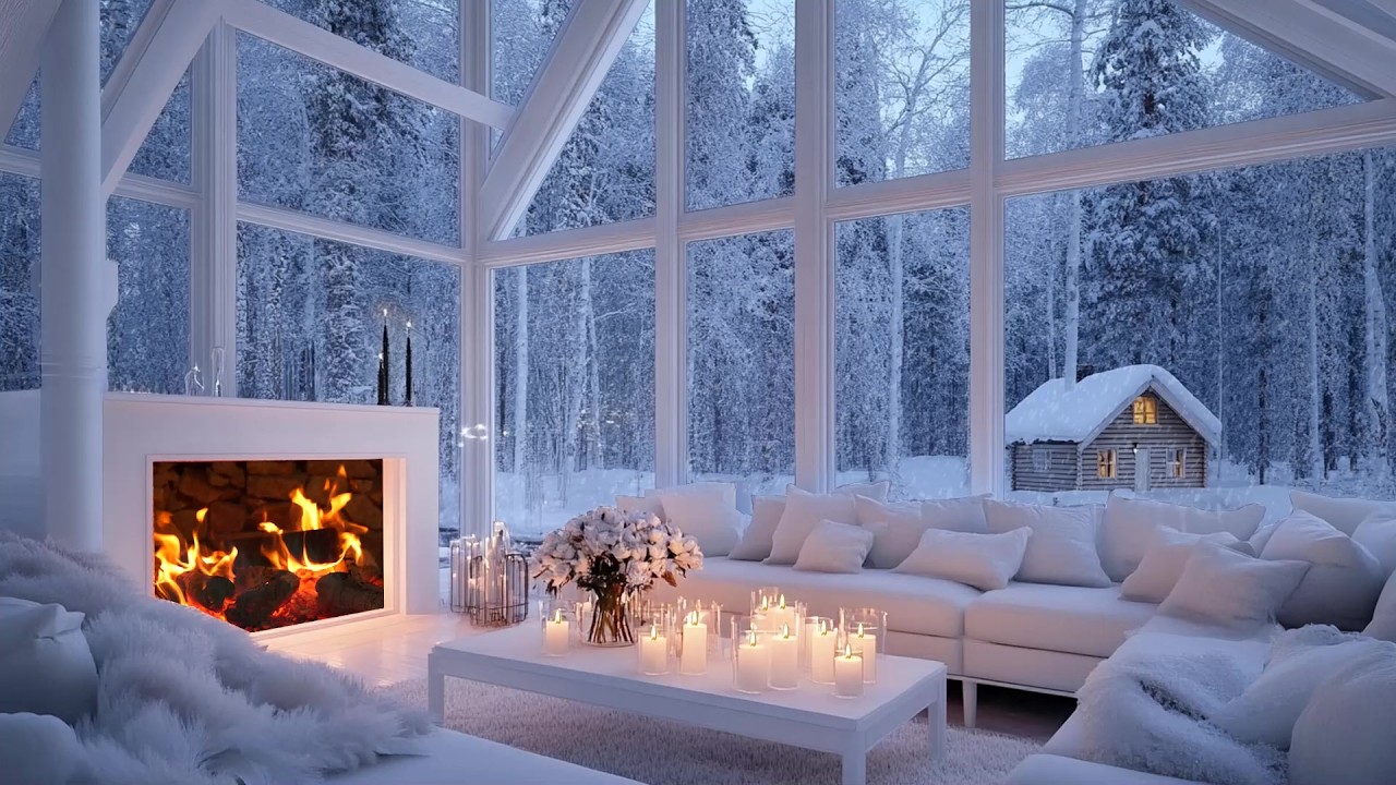 🧣🎶 Cozy White Winter Piano Lounge | Snow Outside, Warm Fire & Flowers | Relax Sleep Music