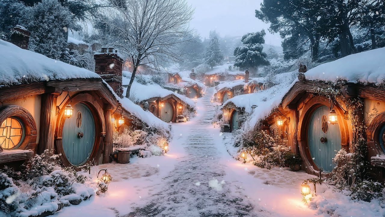 Magical Hobbit Houses in the Frozen Forest | Enchanted Music & Cozy Snow Falling Sounds