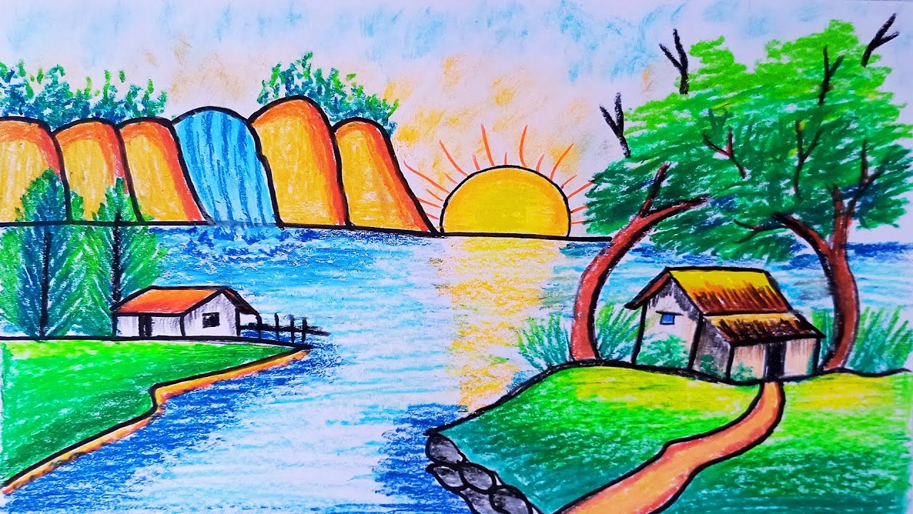 Easy Scenery Drawing for Beginners | সহজ প্রাকৃতিক দৃশ্য আঁকা | Village River & Sun Art
