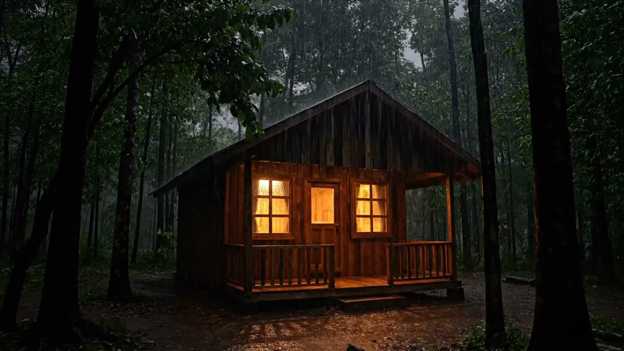ASMR Sound of Night Rain on Cabin Forest