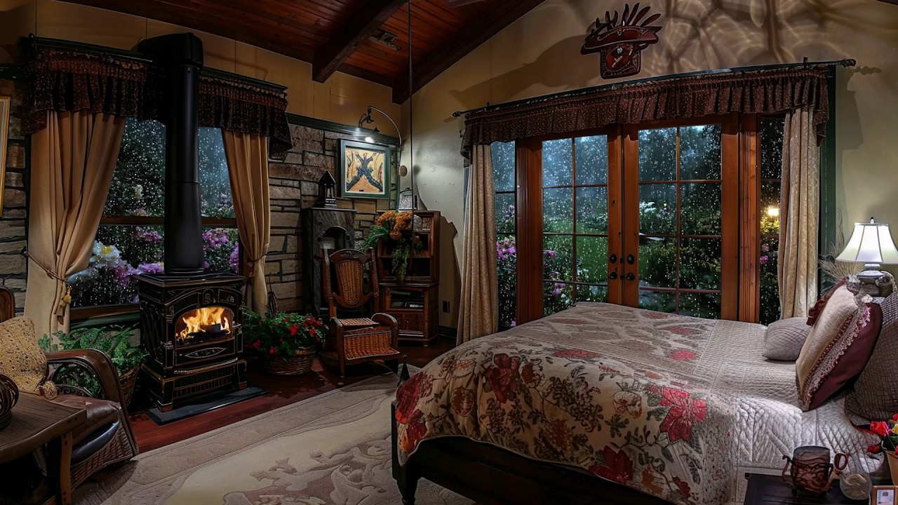 🔴Cozy Cabin Ambiance: Soothing Fireplace and Gentle Rain Sounds for Comfortable Sleep Environment