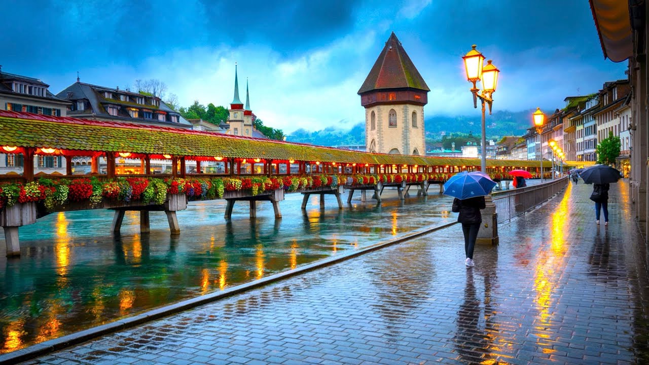 Lucerne, Switzerland | Rainy Evening Walk with City Lights & Love 🇨🇭