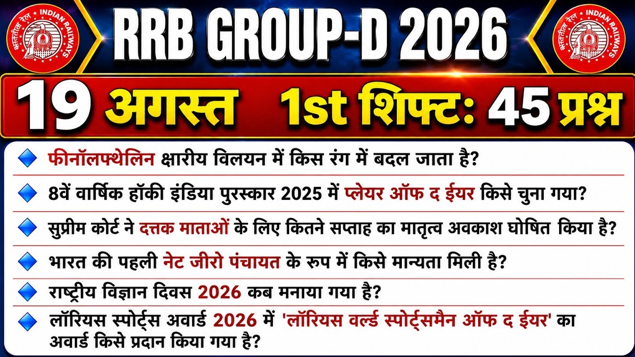 RRB Group D 19 अगस्त 1st Shift के 45 प्रश्न 🔥 | All Shift Current Affairs + Science |