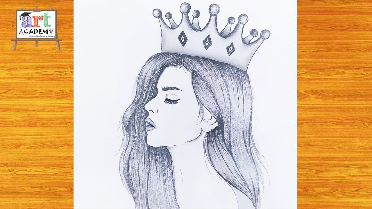 رسم سهل | تعليم رسم بنت كيوت ترتدى تاج  بالرصاص خطوه بخطوه للمبتدئين | رسم بنات