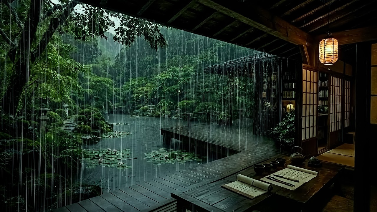 🌧️ Sleep Soundly with Gentle Rain on Forest Wooden Cabin | ASMR Rain falling on Garden Pond