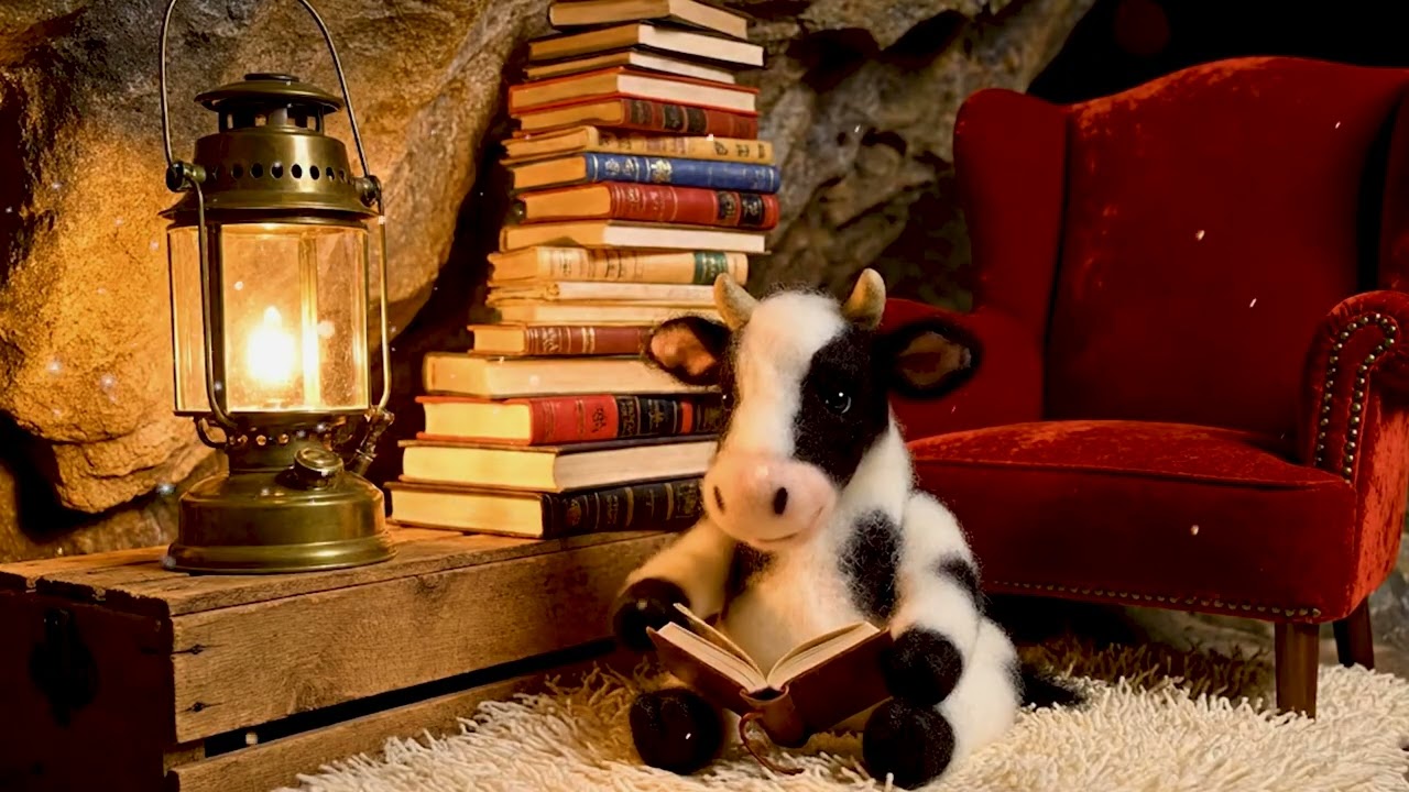 Reading with Milk Cow - Cozy Cave Atmosphere | Crackling Fire & Soft Piano Sounds for Deep Focus
