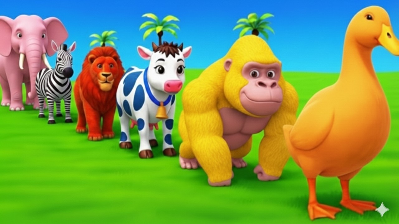 Long Slide Game With Elephant Gorilla Buffalo Hippopotamus Tiger - 3d Animal Game - Funny 3d Animals