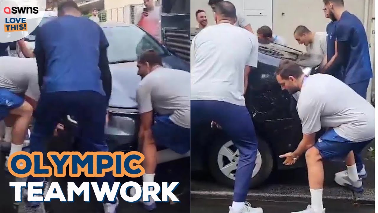 Greek Olympic water polo team get off bus - to lift parked cars out of way! 💪🚌  | LOVE THIS!