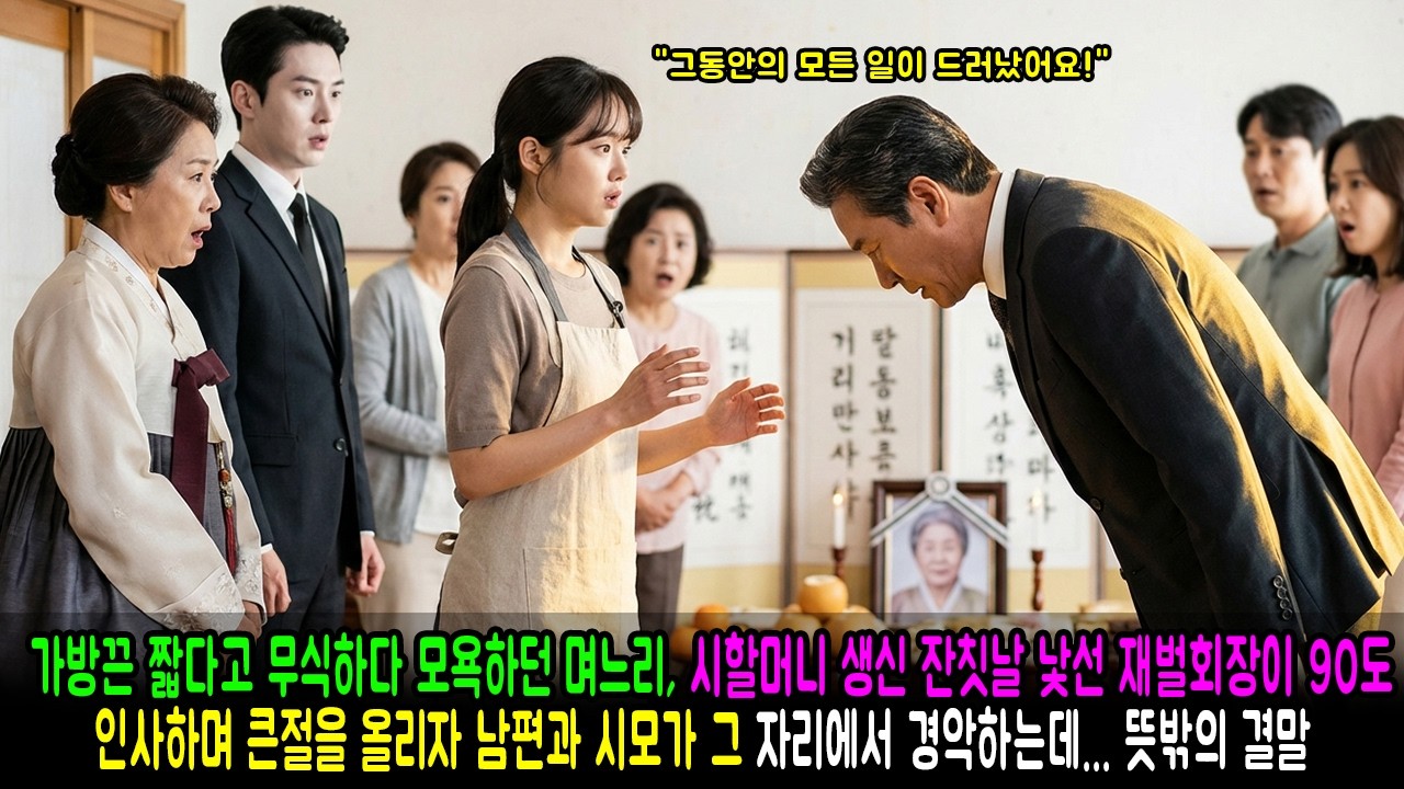 가방끈 짧다고 무식하다 모욕하던 며느리, 시할머니 생신 잔칫날 낯선 재벌회장이 90도 인사하며 큰절을 올리자 남편과 시모가 그 자리에서 경악하는데... 뜻밖의 결말