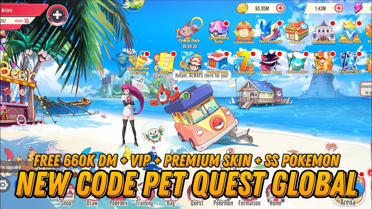 Update Pet Quest Global - Free VIP + 660K DM + Premium Skin + SS Pokemon & More