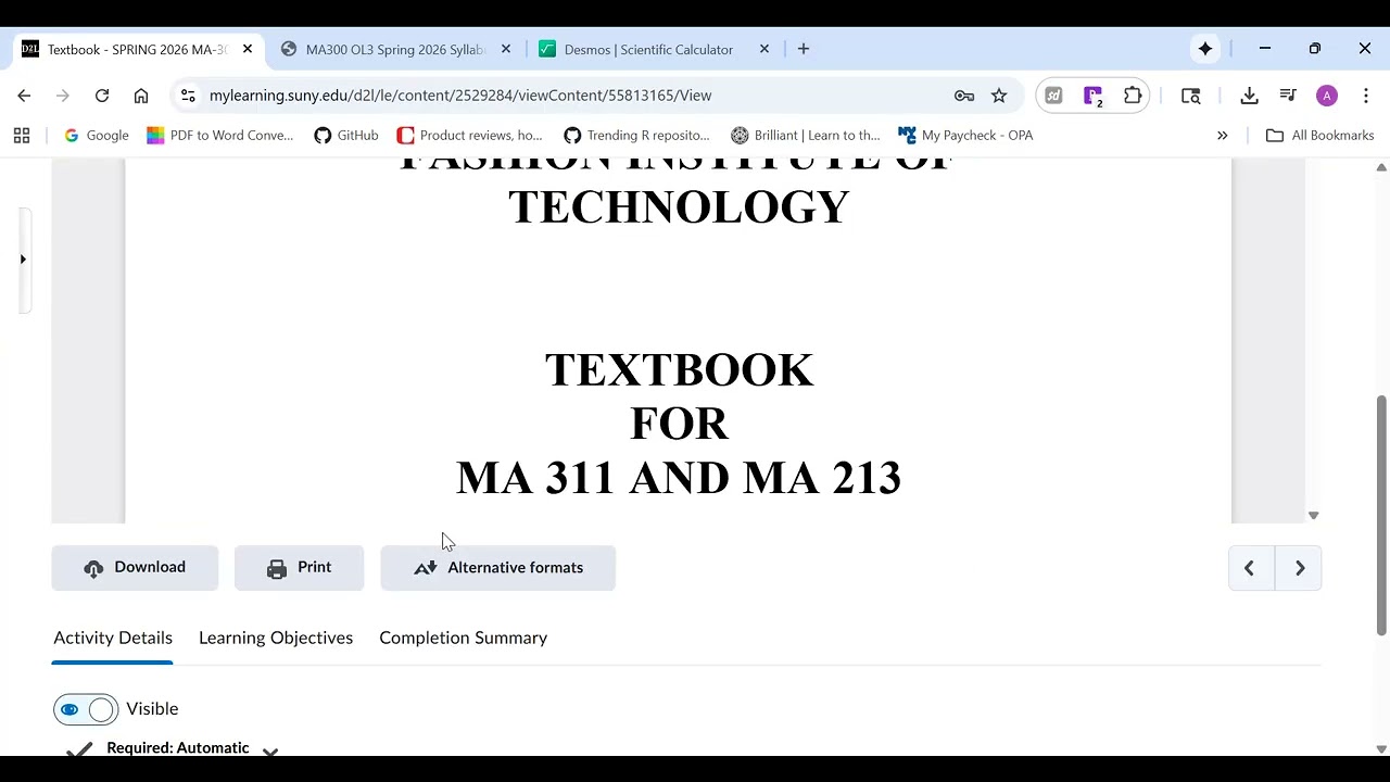Intro to Brightspace Course for MA 300 0L3 Spring 2026