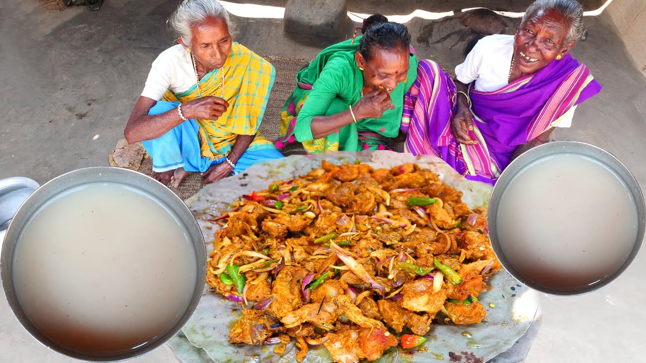 How our tribe grandmothers had a party with chicken tawa fry and rice wine today | village cooking