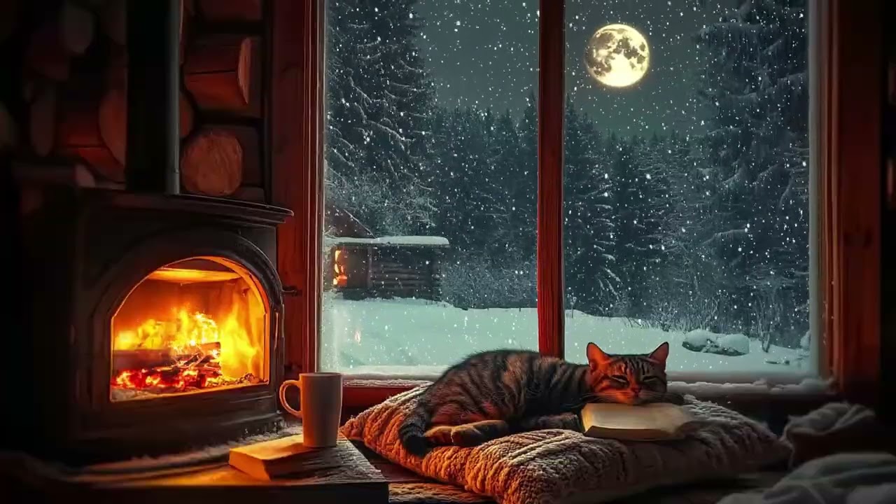 Cozy Winter Fireplace Night 🎹 Soft Piano by the Fire, Snowfall Outside | No Ads Sleep – 3 Hours