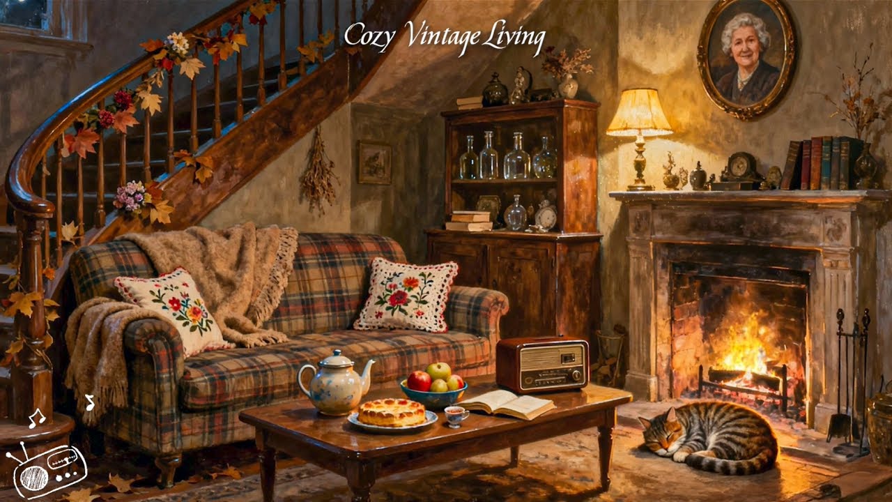 Cozy Fireplace Evening in a 1940s Vintage Manor 🔥🐈 Oldies Jazz Playing in Another Room