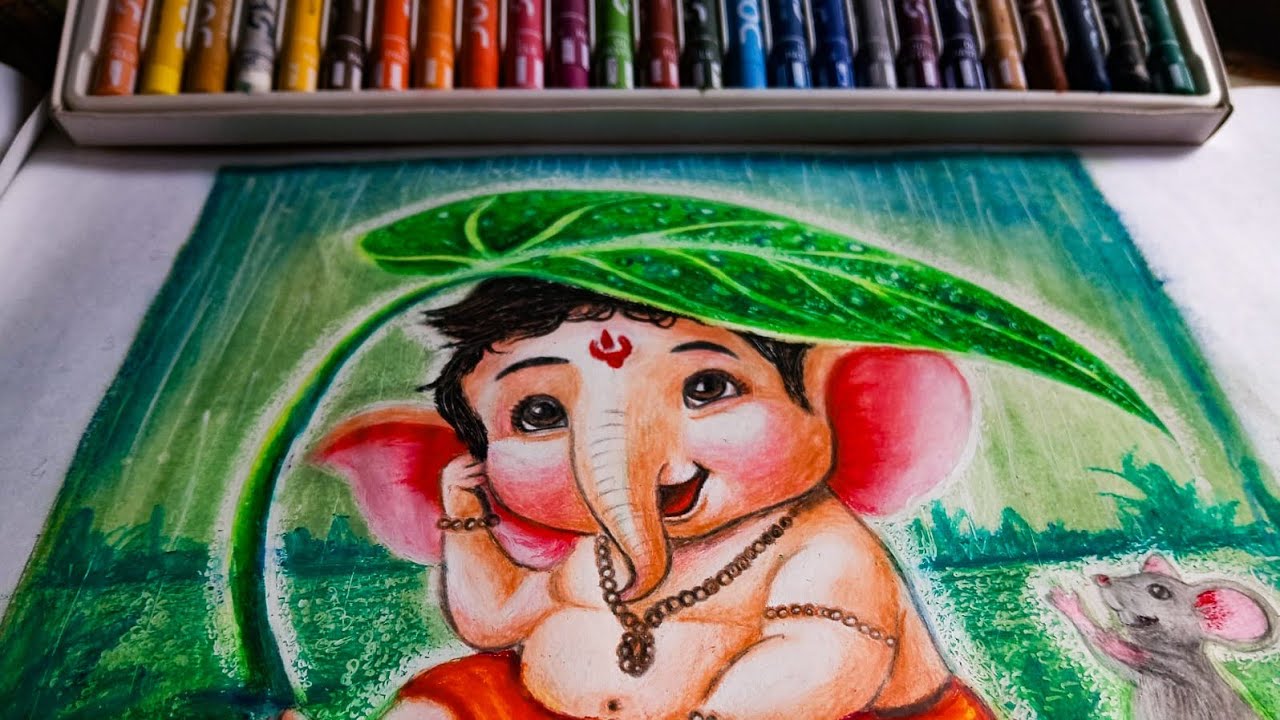 Little Ganesha Drawing, How To Draw a Little Ganeshji Step By Step, Oil Pastel Drawing😍