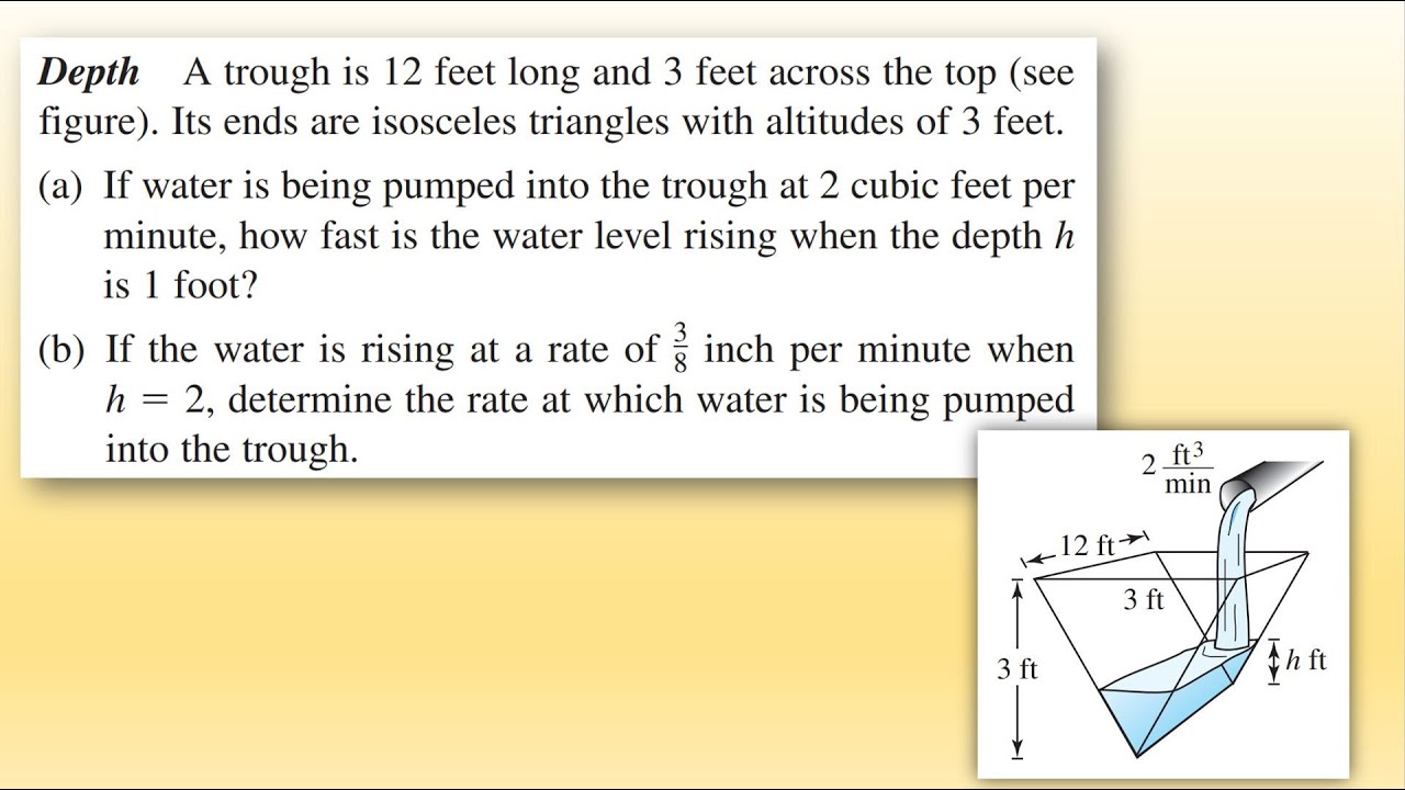 A trough is 12 feet long and 3 feet across the top. Its ends are isosceles triangles.. Related Rates