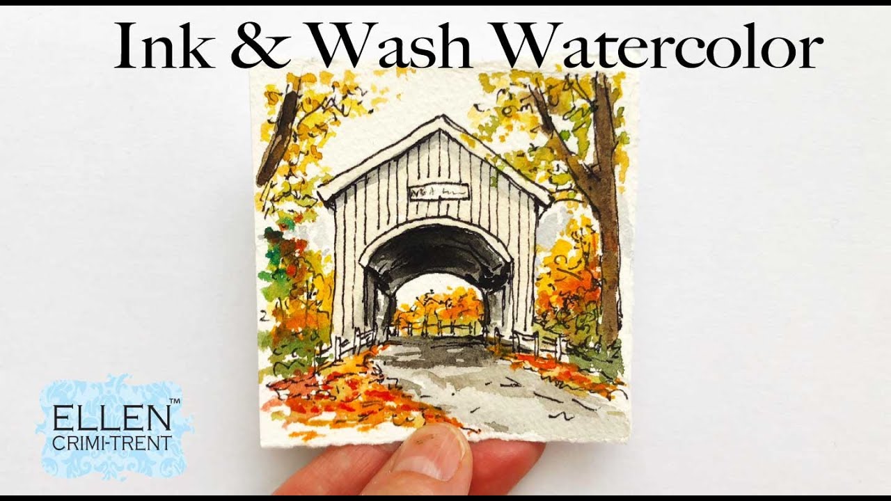 EASY Ink & Wash Watercolor- covered Autumn Bridge