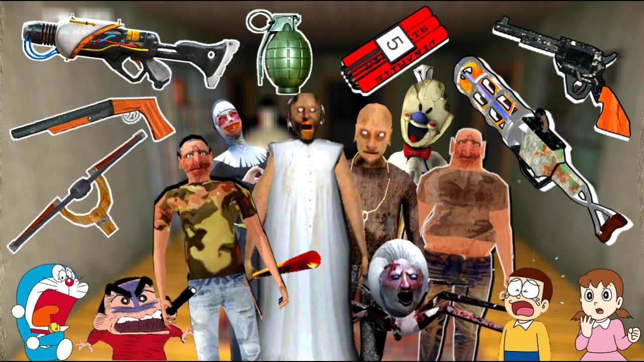 All Granny Weapons in All Granny Games VS Granny & All Her Family & visitors With Shinchan Nobita