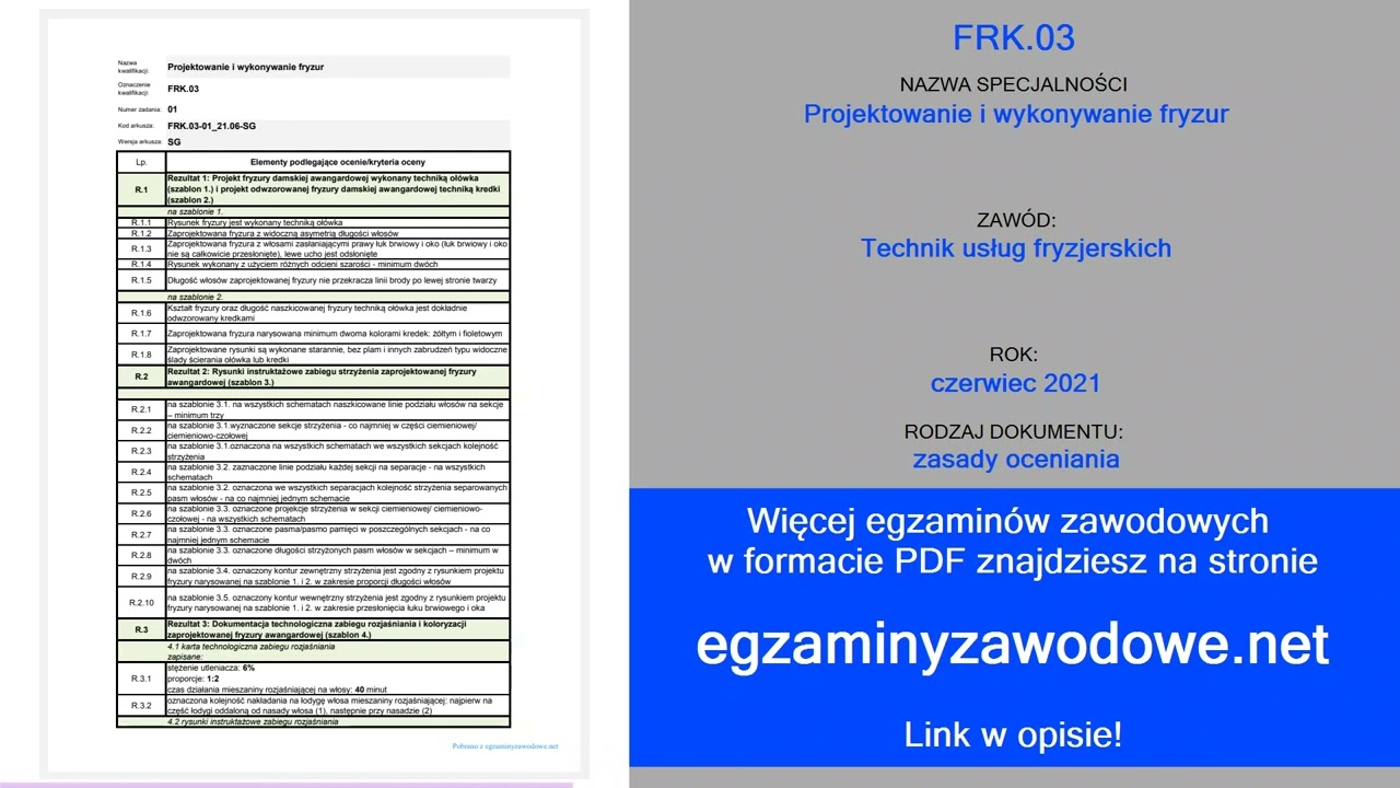 Egzamin zawodowy zasady oceniania FRK.03, Projektowanie i wykonywanie fryzur, czerwiec 2021
