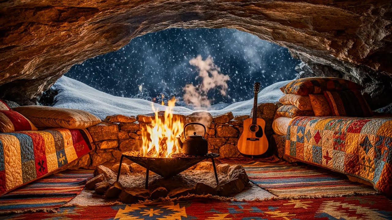 Relaxing White Noise for Deep Sleep | Winter Storm ASMR | Warm Cave Ambience | 5 Hours Noise Sounds