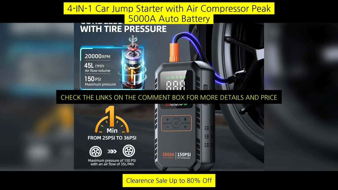 4-In-1 Car Jump Starter With Air Compressor Peak 5000A Auto Battery Booster