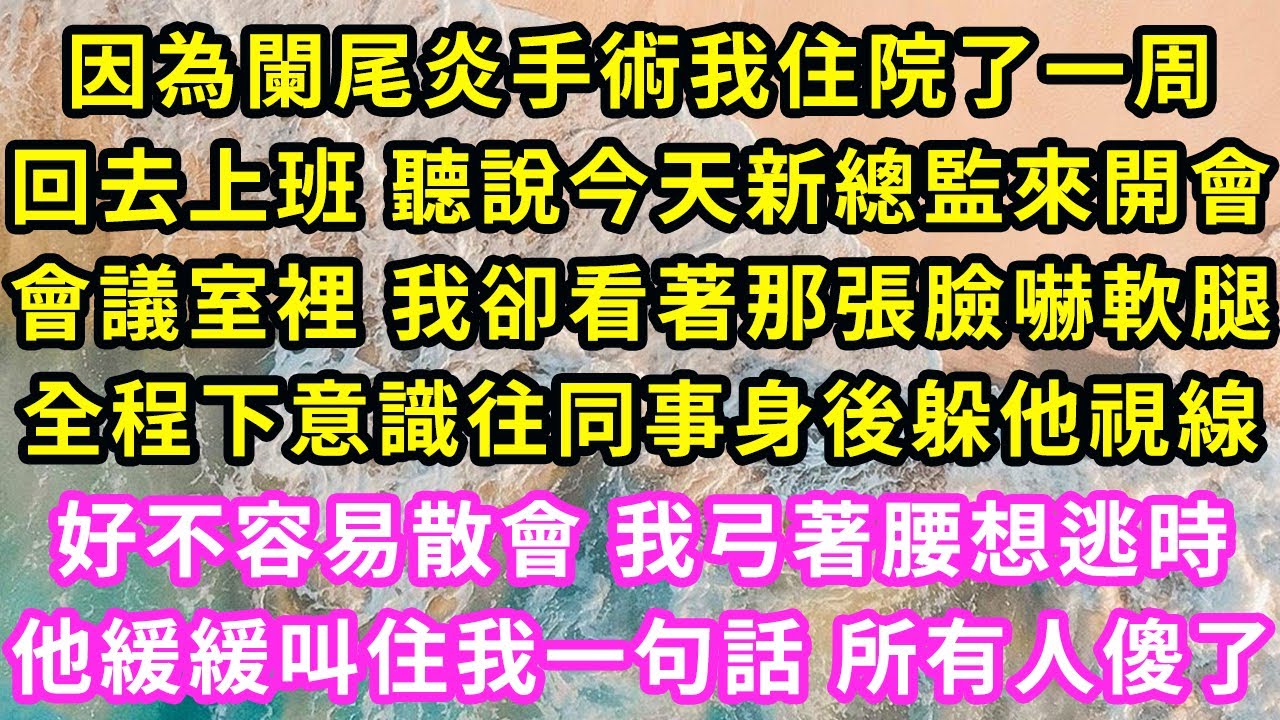 因為闌尾炎手術我住院了一周，回去上班 聽說今天新總監來開會，會議室裡 我卻看著那張臉嚇軟腿，全程下意識往同事身後躲他視線，好不容易散會 我弓著腰想逃時，他緩緩叫住我一句話 所有人傻了#甜寵#灰姑娘