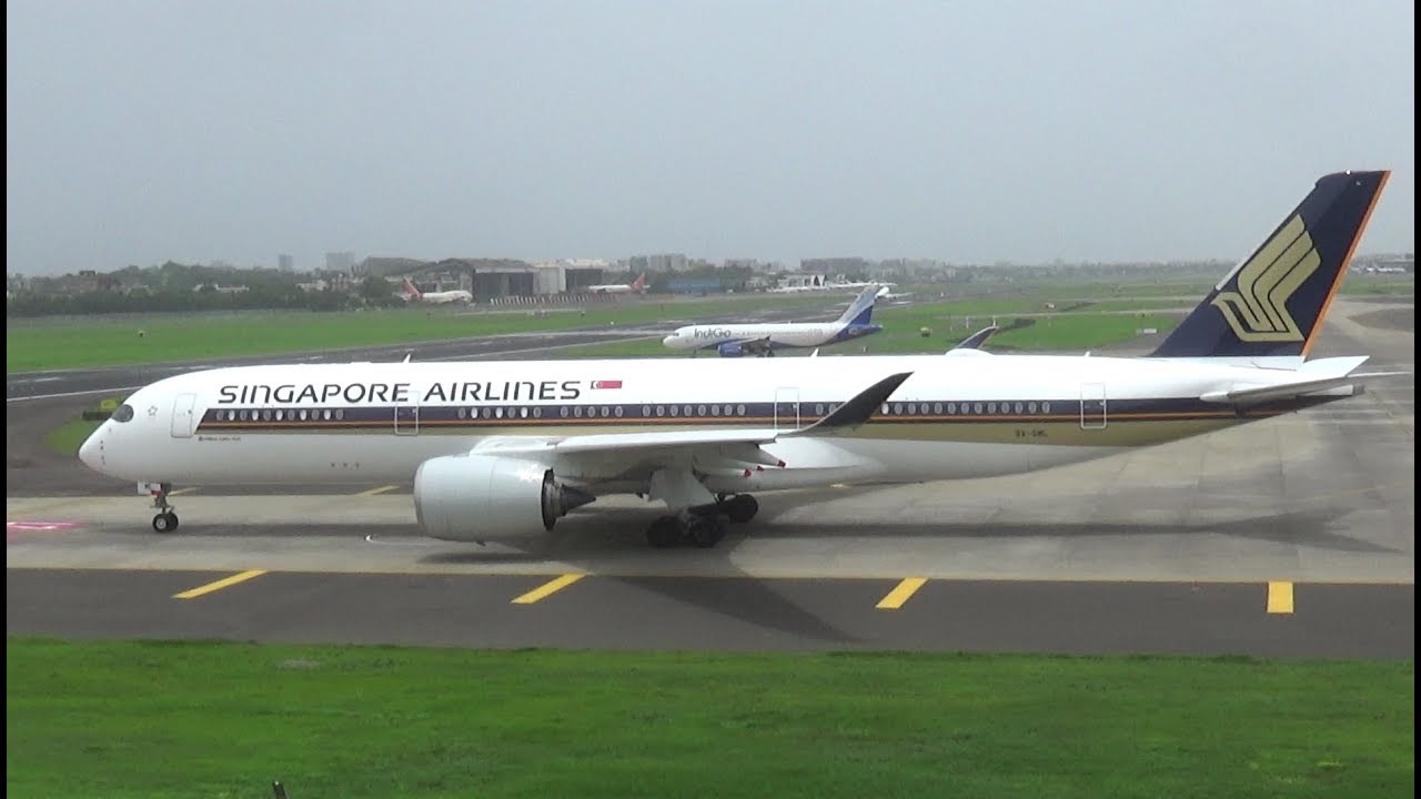 First Airbus A350 Singapore Airlines to Mumbai - Landing, Taxi and Takeoff