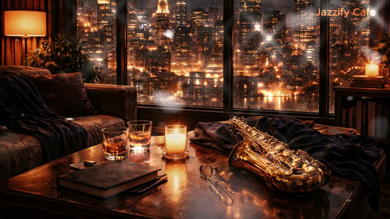 Sophisticated Jazz Lounge Ambience ❄️ Cityscape Views and Warm Candlelight