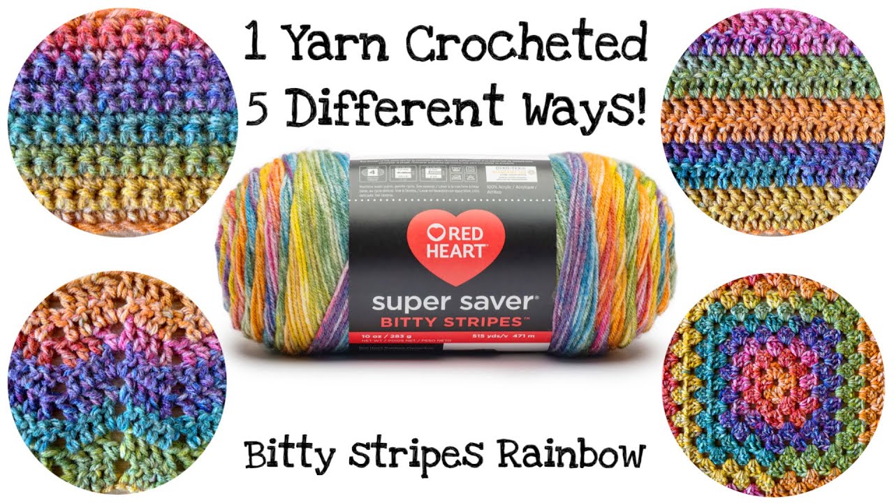 One Yarn Crocheted Five Different Ways! Red Heart Bitty Stripes Rainbow! Look At The Difference!