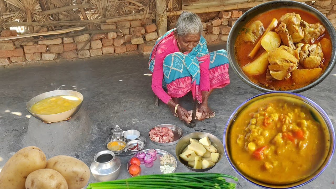 CHICKEN MEAT CURRY And DAL CURRY cooking &eating by our tribe grandma.