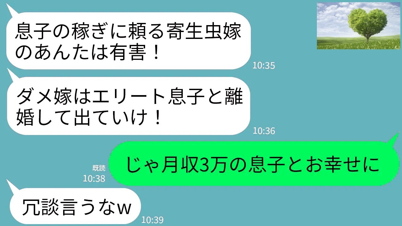 【LINE】私が生活費全てを支払っていると知らず義実家から追い出す義母「ダメ嫁はエリート息子と離婚しろw」→お望み通りに月収3万の夫を置いて出て行った結果w