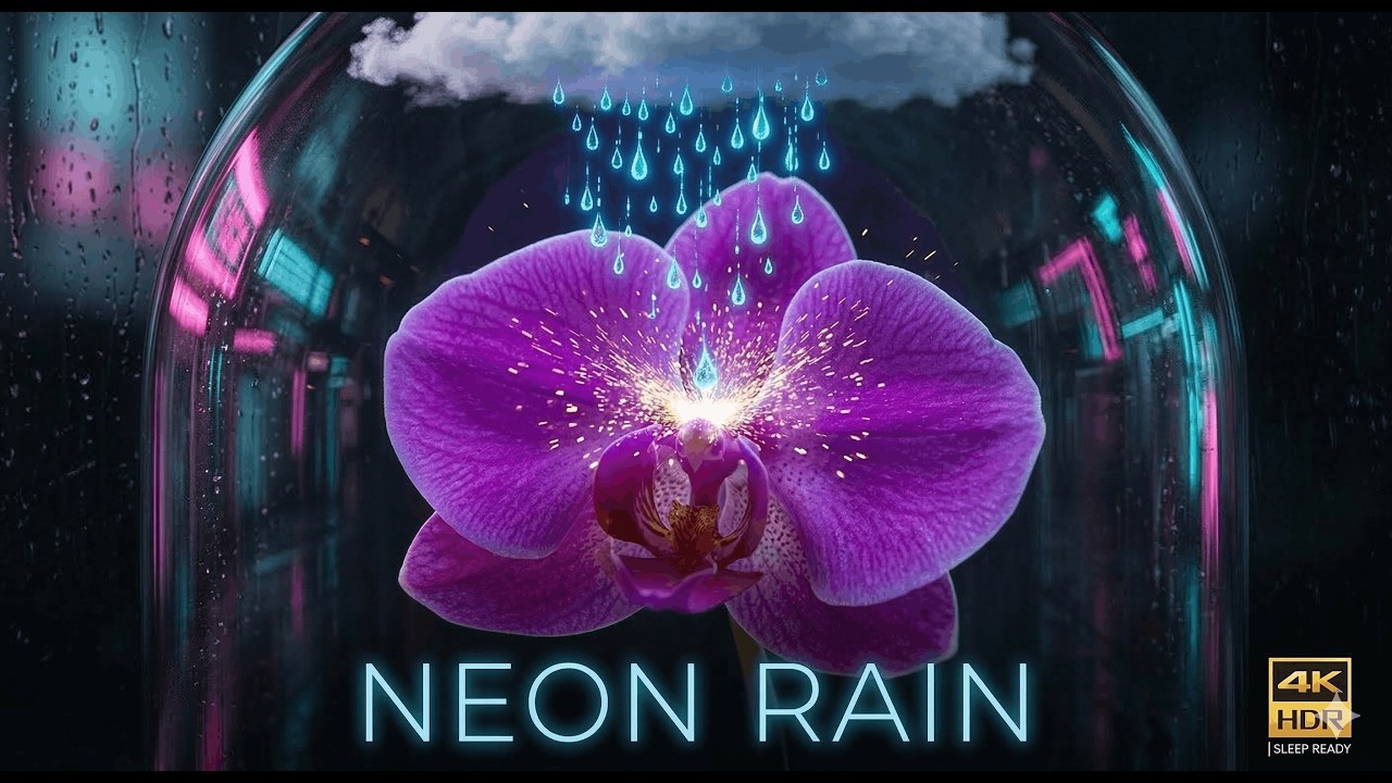 1 HOUR Bioluminescent Rain ASMR 🌸 Glowing Purple Orchid | 4K Cyberpunk Nature Loop