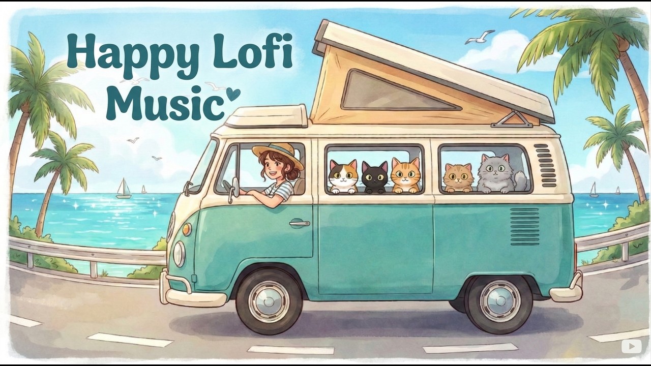 Happy Lofi Music 🌴 Coastal Drive with Cats | Studio Ghibli Style Lofi Mix