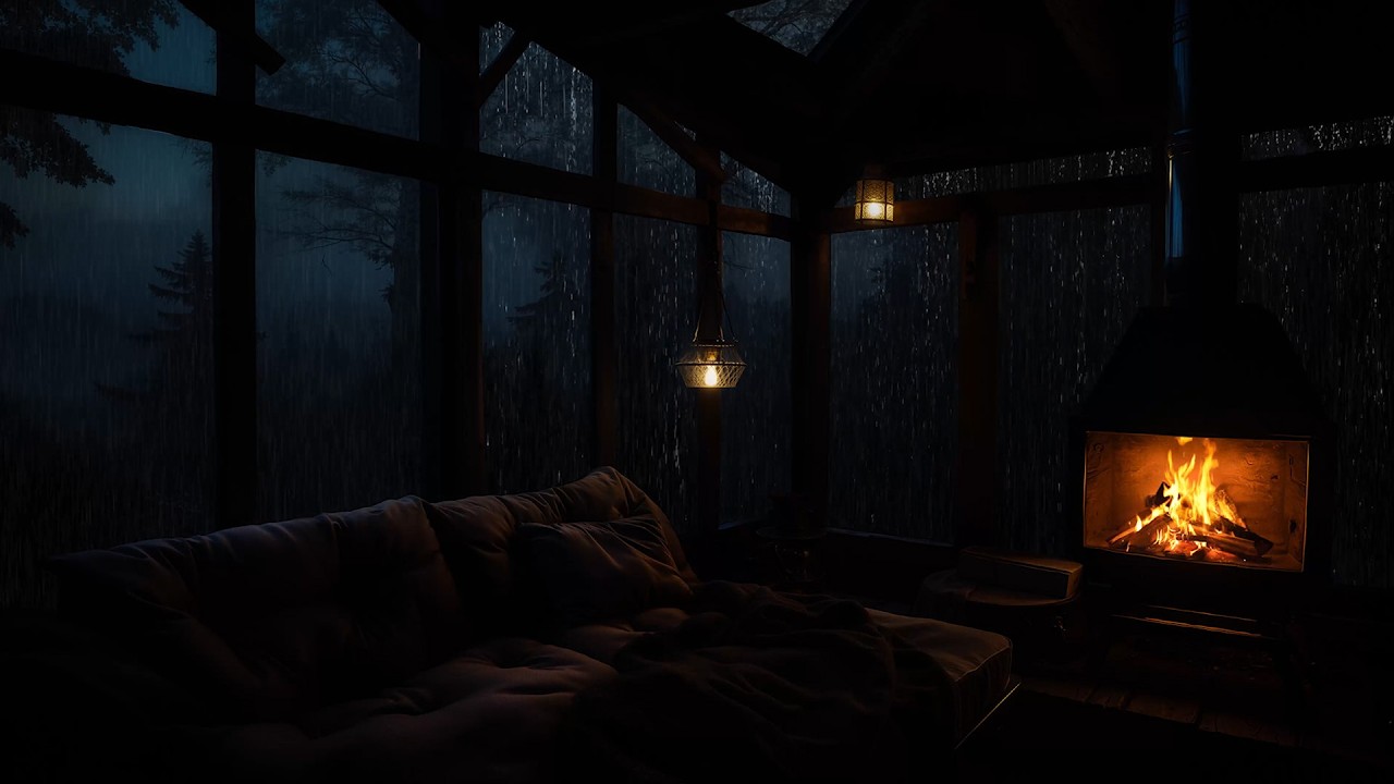 A Rainy Forest Night in a Wooden Cabin | Fireplace Ambience for Relaxation and Sleep