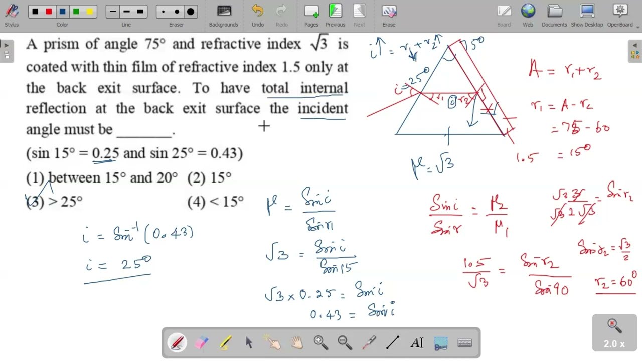 A prism of angle 75° and refractive index √3 is coated with thin film of refractive index 1.5 only