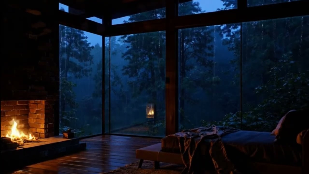 Safe Night Rain & Fireplace — 10 Hours Dark Bedroom Ambience