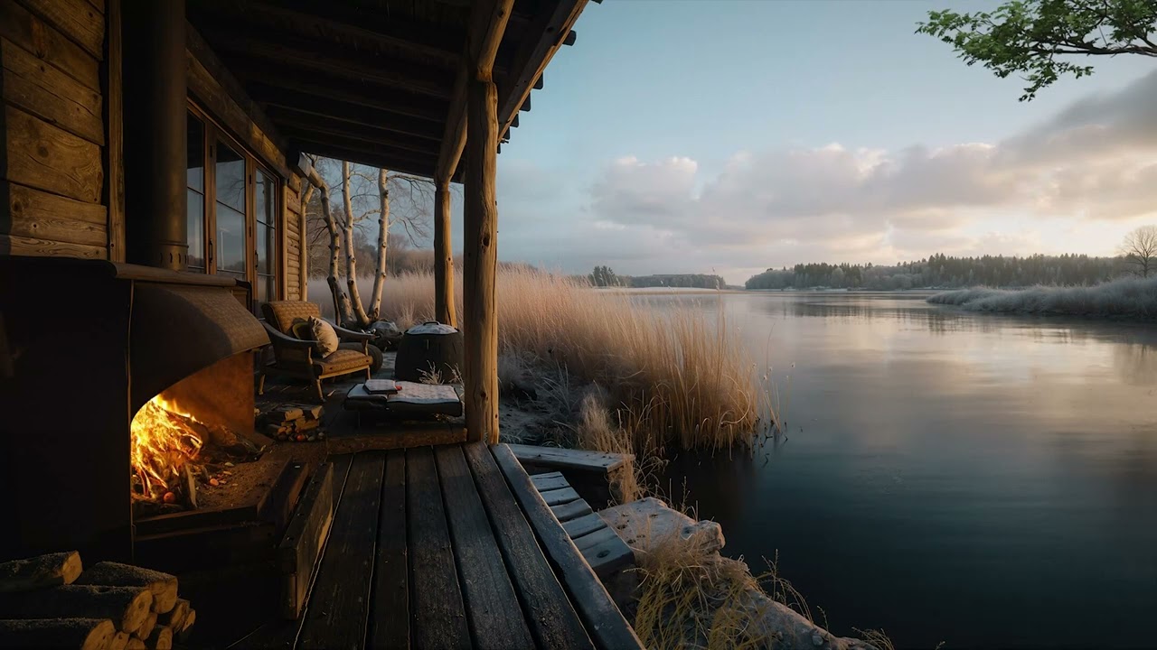 Peaceful Lakeside Cabin Morning | Warm Fireplace & Calm Lakeshore Sounds to Relaxation
