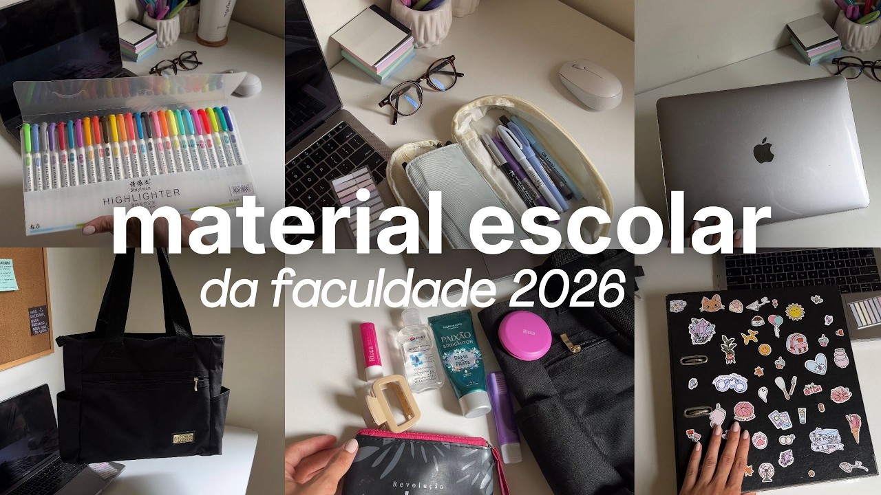 MEU MATERIAL ESCOLAR UNIVERSITÁRIO 2026 | MOSTREI TUDO - bolsa, estojo, fichário, caderno e canetas