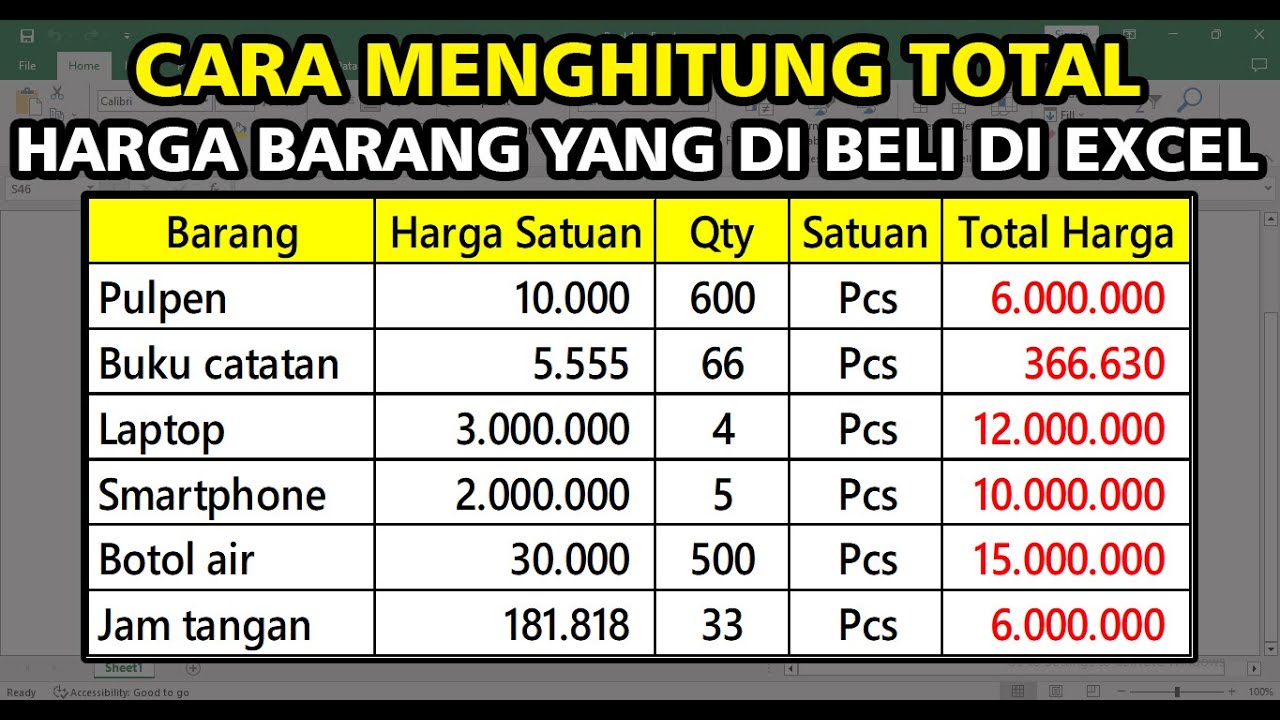 Cara Menghitung Total Harga Barang Yang di Beli di Excel