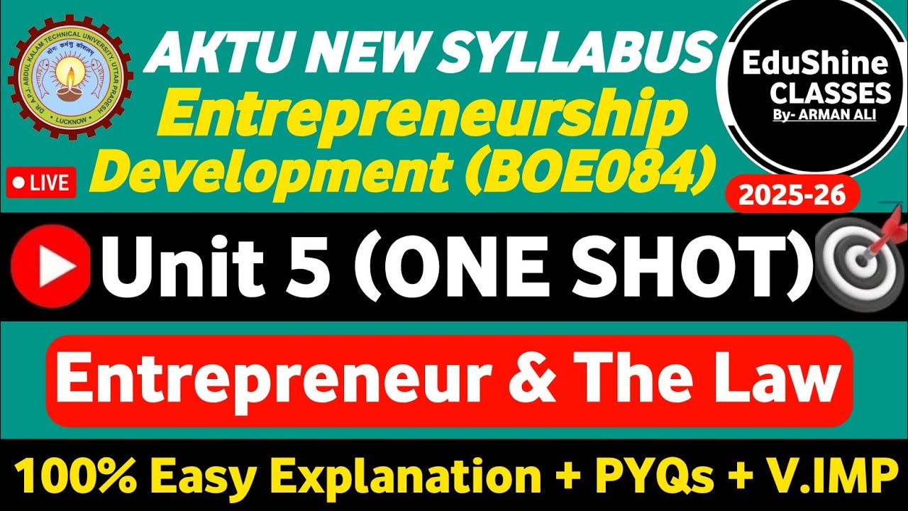 Entrepreneurship Development Unit 5 One shot BOE084 | Entrepreneurship and law Unit 5 BOE084 AKTU