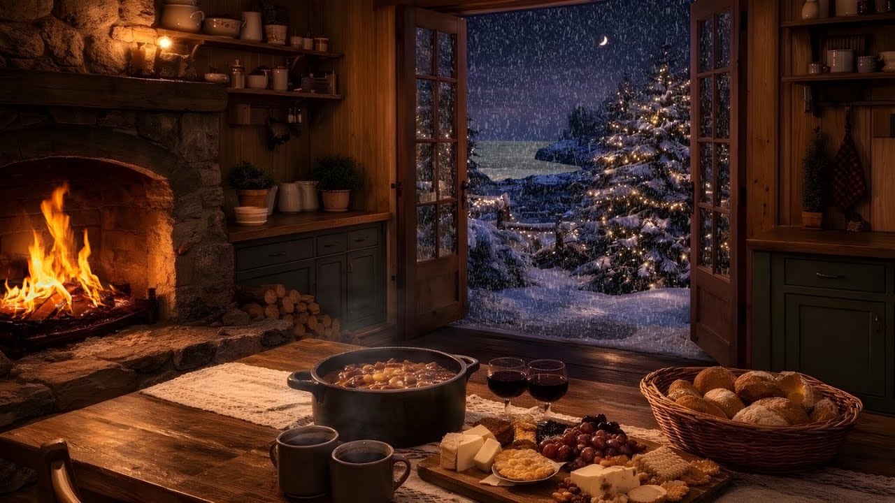 Seaside Cottage on a Winter Night | Cozy Fireplace, Ocean, Snow Ambience | Sleep, Study, Relax, Read