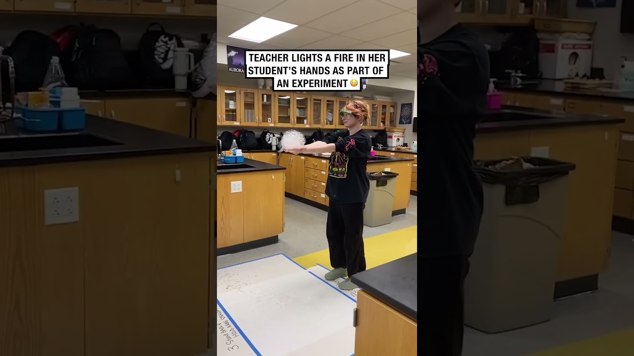 Teacher lights a fire in her student&rsquo;s hands as part of an experiment! 😳🔥  -  🎥 zero_da_birb