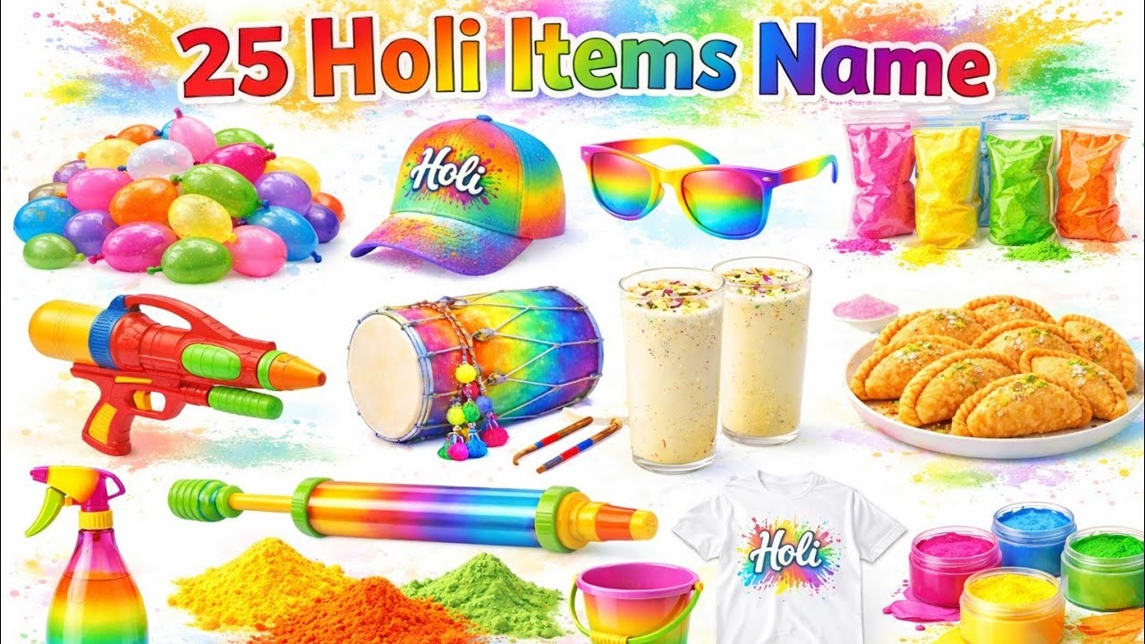होली में खेलने वाली 20 चीजें 🌈 | 20 Holi Objects Names in English & Hindi | 