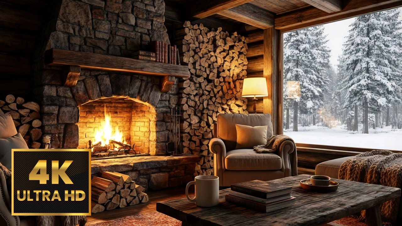 Snowy Lodge Afternoon ❄️ [3 Hours | No Music] Wood Fire Crackling for Focus/Relaxation