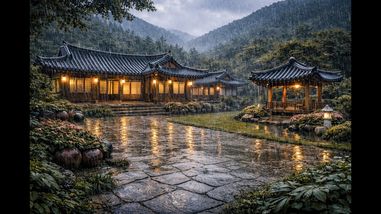 Cozy Rainy Night at Korean Hanok Garden | Fall Asleep Fast | 5 Hours