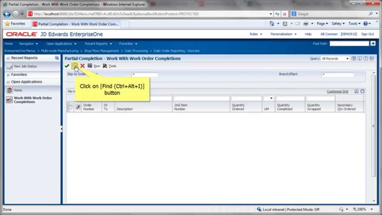 Accessing Work Order Completions - JDE E1 91 - Shop Floor Control