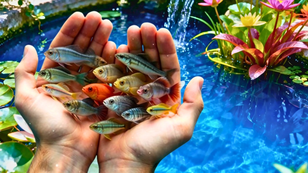 Catch beautiful aquarium fish in small pond baby turtles, platy fish,  catfish, guppy, molly fish.