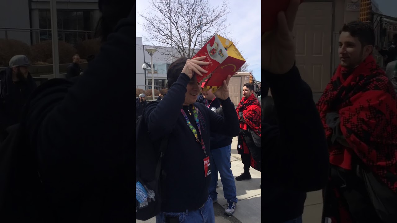 Chuggaaconroy does the hiker dance while wearing happy meal box at PAX East