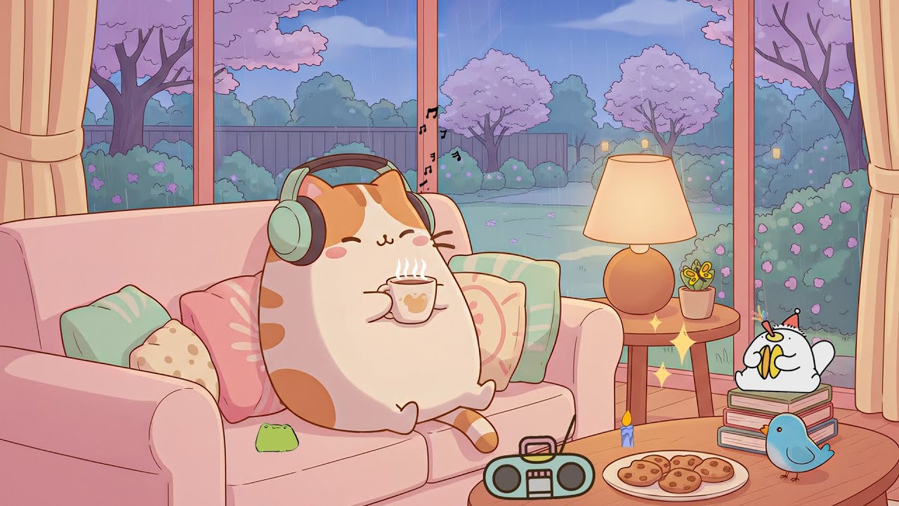 Mochi’s Rainy Spring Night 🌸 Soft Lofi Beats to Study & Relax 🎶 Warm Lofi a Long Day 🌧️